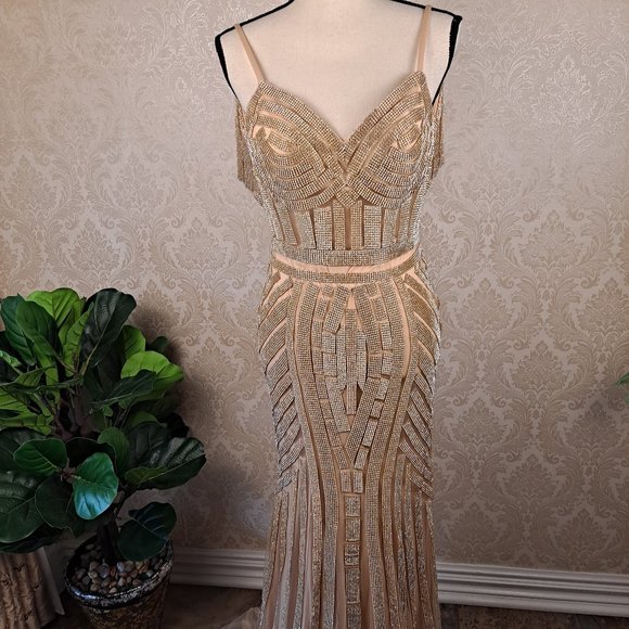 Finove Dresses & Skirts - Finove Size 2 Gold & Crystal Floor Length Evening Gown Sweetheart Neckline NWT